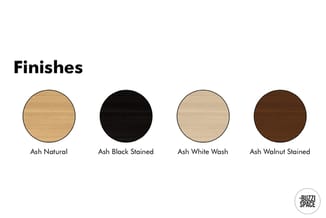 Vier houten afwerkingen voor meubelen: Ash Natural, Ash Black Stained, Ash White Wash en Ash Walnut Stained.