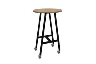 Ronde staande tafel met houten blad en zwart metalen frame met wielen, geschikt voor vergaderingen en kantoorgebruik.