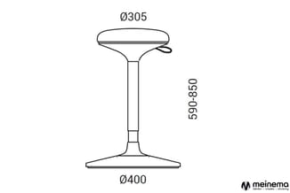 Technische tekening staande zitbalkruk met diameter bovenzijde Ø305mm, hoogte 590-850mm en diameter voetring Ø400mm.