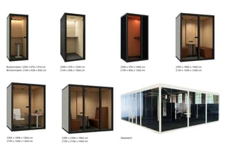 Zeven geluidsdempende belcellen in verschillende formaten en kleuren. Zes compacte telefoonhuisjes in beige en oranje, één gr