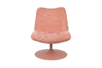 Roze draaibare loungefauteuil met ribfluwelen bekleding op rond voetsteunbasis, frontal aanzicht.