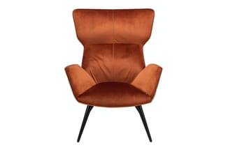 Bruine fluwelen fauteuil met hoge rugleuning, armsteunen en zwarte poten op witte achtergrond.
