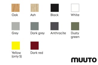 Kleurenpalet met acht fineersoorten en kleuren: Oak, Ash, Black, White, Grey, Dark grey, Anthracite, Dusty green en Yellow (a