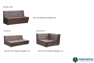 Life Diner en Life banken in donkerbruin hout met afmetingen. Life Diner 130B: 130x62x90cm. Life 140LB: 140x87x76cm. Life Cor