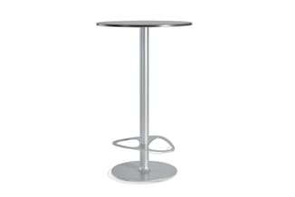 Ronde sta-bartafel met zilverkleurig metalen onderstel, voetring en rond tafelblad.