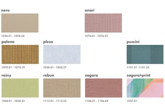 Kleurstalen voor bekleding en materialen: nero, onari, palena, pleso, puccini, rainy, rebun, sagara en sagara+print met artik