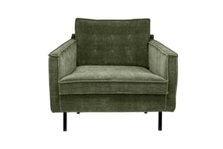 Groene stofupholstered fauteuil met knofook op rugleuning, zwarte poten, frontale weergave op witte achtergrond.