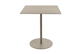 Vierkante tafel met trapeziumvormig blad op centraal metalen voet met ronde basis, grijs/beige kleur.