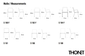 Maattekeningen van zes stoelenmodellen (S160F, S161, S162F, S166, S164F, S168) met afmetingen in centimeters voor zitting, ru