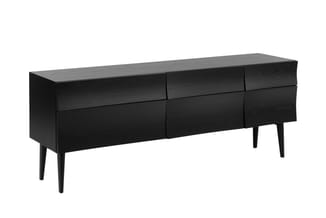Zwart houten dressoir met zes laden en rechte poten, moderne mid-century stijl.