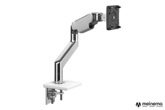 Ergonomische monitorarm in zilver/zwart met wit werkblad, verstelbaar en gekanteld naar voren met smartphone-houder.