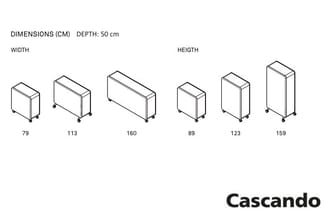 Cascando kasten in verschillende breedtes (79-160 cm) en hoogtes (89-159 cm), diepte 50 cm, op wieltjes.