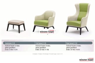 Drie zitmeubelen van Wiesner Hager: voetenbankje, clubfauteuil en relaxfauteuil in groen-beige stof met zwarte houten poten.