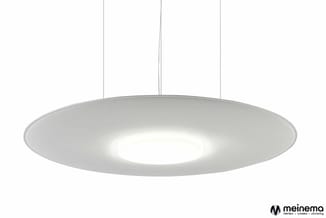 Ronde hangende LED-plafondlamp in wit met centraal lichtpunt, aan drie draadjes opgehangen.