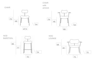Technische tekening van vier stoelmodellen met afmetingen: Chair (79x46x47,5cm), Chair with armrest (79x46x68cm), Nod Barstoo