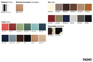 Kleurenpalette voor accordeon armleuningen, stoelbekleding en leder: chromen frame, esdoorn, bruine tot oranje lederen tinten