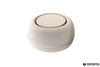 Ronde beige poef met grijze band, modern design, geïsoleerde weergave op witte achtergrond.