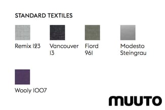 Standaard textielmaterialen: vijf stalen in grijstinten, donkergrijs, groengrijs en donkerpurper met namen Remix 123, Vancouv