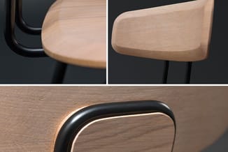 Houten stoel met zwart metalen frame, detailweergave van zitting en rugleuning met natuurlijke houtafwerking.