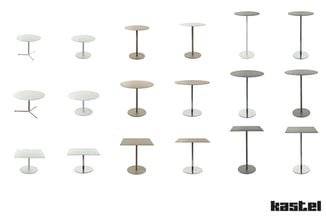 Kastel tafelcollectie: staande bistrotafels en vergadertafels in wit, beige en grijs met rond en vierkant blad, verschillende