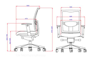 Technische tekening van twee bureaustoelen in zijaanzicht en vooraanzicht met afmetingen in millimeters aangegeven.