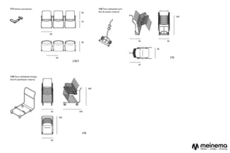 Technische tekeningen van stoelentransportmiddelen en accessoires: twee-wielige kar, vier-wielige trolley en inline connector