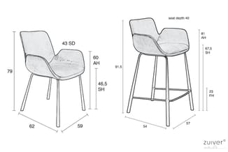 Zuiver stoelen: grijze stoel (79 cm hoog, zitdiepte 43 cm) en grijze barkruk (81 cm hoog, zitdiepte 40 cm) met metalen poten