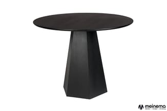 Zwarte ronde tafel met conische voet, modern design, tegen witte achtergrond.
