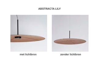 Abstracta Lily hanglamp in twee uitvoeringen: met lichtbron (links) en zonder lichtbron (rechts). Ovale houten scherm in natu