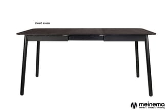 Zwart houten bureau met vier poten en twee laden onder het blad, minimalistische vormgeving.