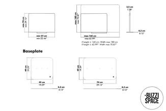 Technische tekening: akoestische belcel met afmetingen. Baseplate 49x49 cm en 74x74 cm, maximaal 180 cm breed en 160 cm hoog.