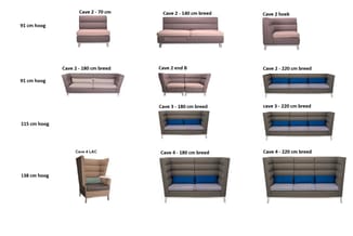 Overzicht Cave-bankenmodellen in verschillende breedtes (70-220 cm) en hoogte-uitvoeringen met zit- en rugkussens in beige, g