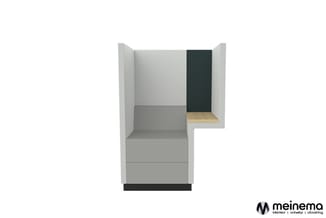 Grijze kasten met zwarte en houten accenten in L-vorm, ontwerp- of raadpleegtekening van modulair kantoormeubilair.