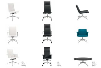 Collectie kantoormeubelen met draaistoel in wit en zwart leder, draaibare vergadertafel en conferentiestoel in teal, modelnum