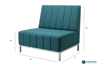 Modulaire zitbank in petroleum-kleurig stofmateriaal met verticale stiksels, metalen pootframe, afmetingen 90x77x90cm.