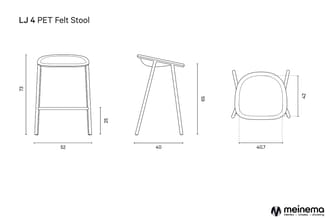 LJ 4 PET Felt Stool - Technische tekening met drie aanzichten en afmetingen (hoogte 73cm, zitdiepte 25cm, breedte 52cm, diept