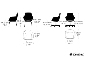 Technische tekening van twee stoelmodellen met afmetingen: vast model (46-89,4 cm hoogte) en kantoorstoel op wielen (43-96 cm
