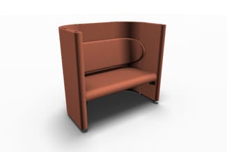 Terracottakleurige fauteuil met hoge zijwanden, afgeronde armleun en gestoffeerde zitting op donkere poten.