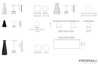 Pedrali tafelvoeten en tafelbladopties: conische witte en zwarte metalen poten (Ø400-Ø550mm hoogte 710mm), ronde en rechthoek