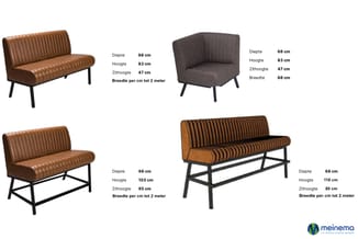 Vier loungebanken en stoelen in bruin en grijs leer met metalen poten, met afmetingen zoals diepte, hoogte en zithoogte aange