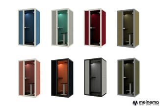Acht akoestische belcellen in verschillende kleuren: blauw, grijs-groen, bordeaux, olijfgroen, terracotta, zwart, grijs en gr