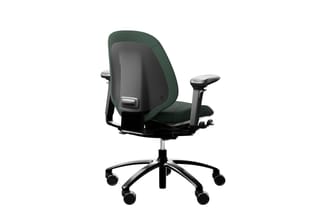 Ergonomische bureaustoel met groene en grijze bekleding, zwarte kunststof voet met wielen, verstelbare armleuningen, op witte