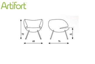 Artifort stoel technische tekening met afmetingen: voorkant 68cm breed, 72cm hoog; zijkant 74cm breed, 42cm zithoogte.