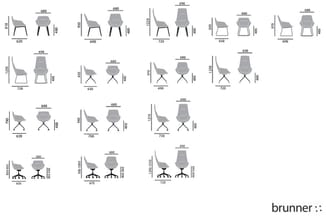 Productoverzicht grijze stoelen en fauteuils met verschillende voetsoorten en afmetingen, vooraanzicht en zijkant.