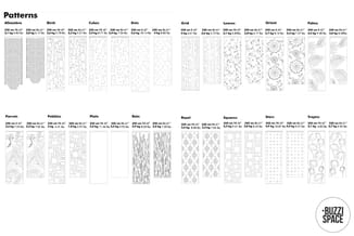 Overzicht van 16 behangpatroonvarianten met afmetingen en gewichten, waaronder Alhambra, Birch, Cubes, Dots, Grid, Leaves, Or