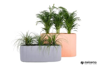 Twee grijze en roze plantenbakken met gras en palmachtige planten, stapelbaar design.