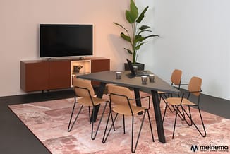 Moderne vergaderkamer met zwarte tafel, vier camelkleurige stoelen, rood-roze vloerkleed, bruinrood dressoir met TV, plant en