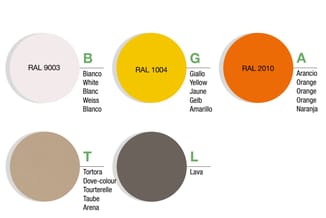 Vijf kleurstalen met RAL-nummers: RAL 9003 wit, RAL 1004 geel, RAL 2010 oranje, RAL T tortora (beige), RAL L lava (donkergrij