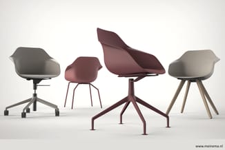 Vier moderne bureaustoelen in verschillende uitvoeringen: grijs op wieltjes, bordeaux rood op poten, bordeaux rood draaibaar,