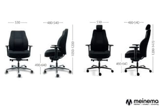 Vier zwarte ergonomische bureaukstoelen in voor- en zijaanzicht met afmetingen: zitbreedte 530-540mm, hoogte 1050-1200mm, arm